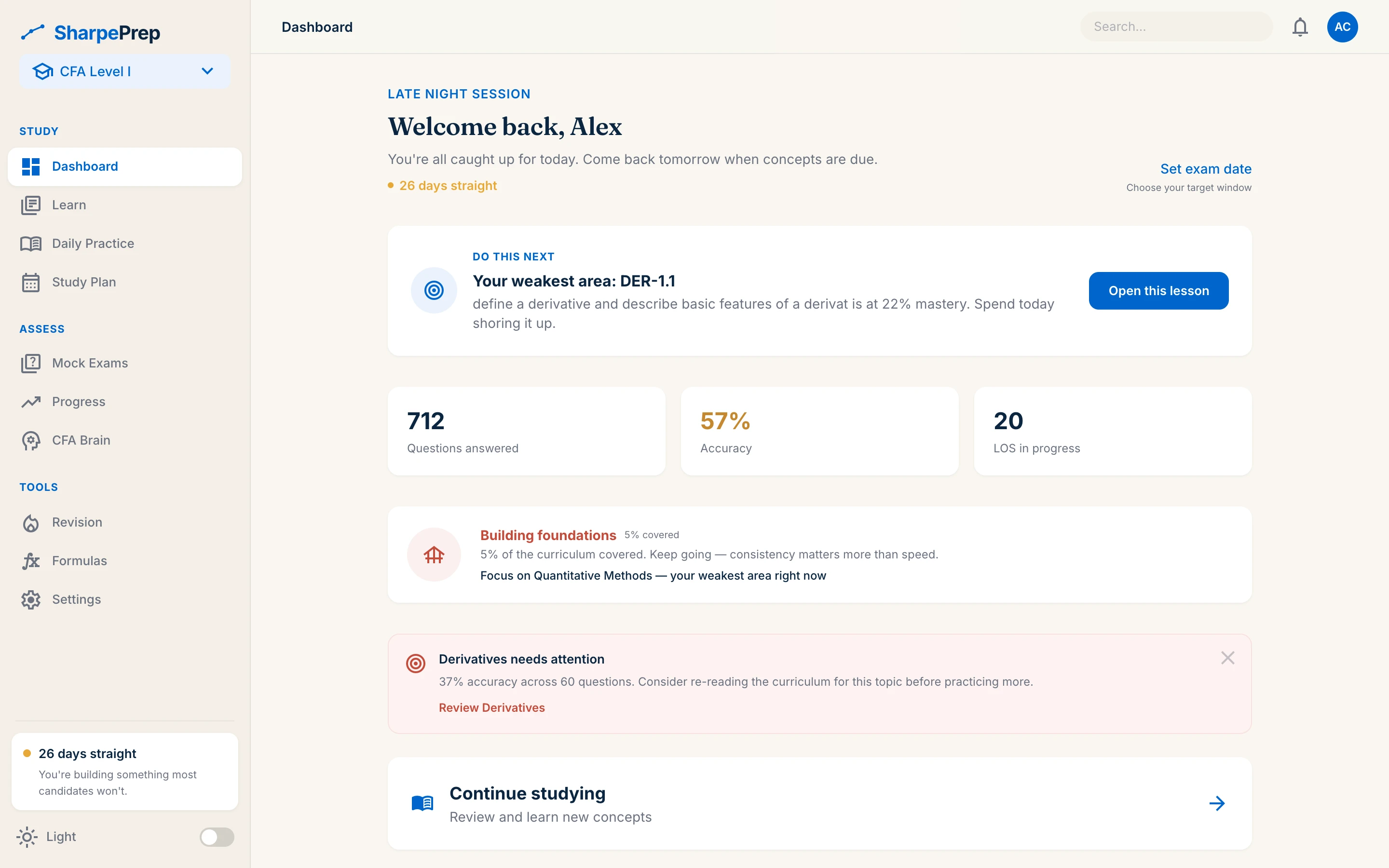 The SharpePrep dashboard showing your next action, study streak, accuracy, and topics that need attention
