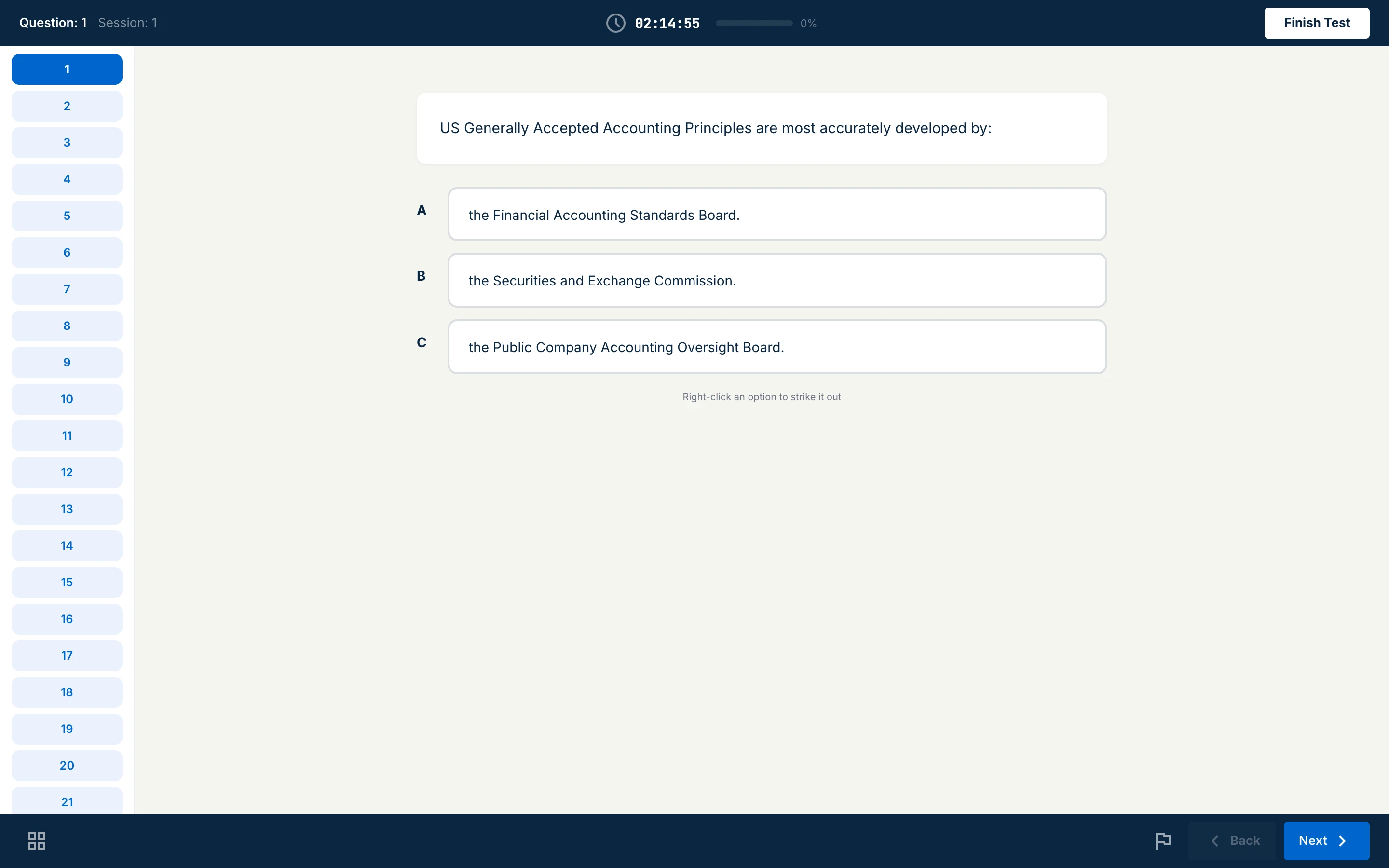 The Prometric-style mock exam in progress with a question, timer, and navigation rail